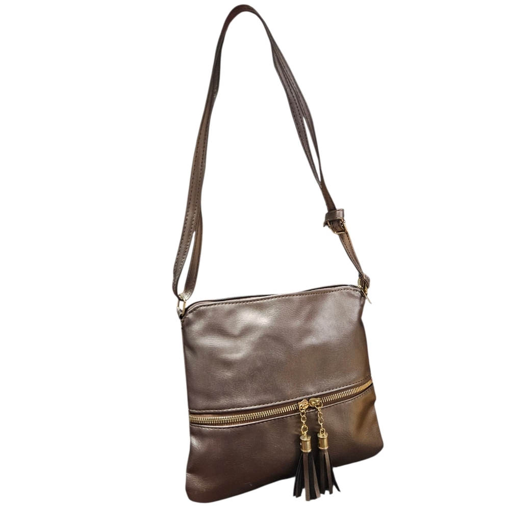 Metallic Bronze Faux Leather Crossbody Bag with Tassel Zippers